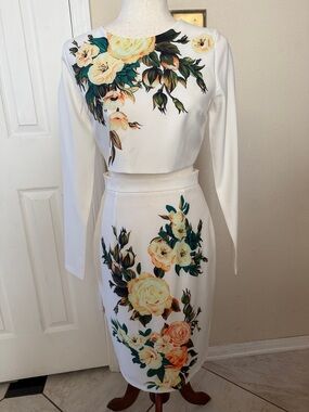 White Backless Floral Sheath Dress with Yellow Rose Print